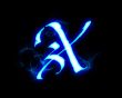 Blue flame magic font over black background. Letter X