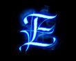 Blue flame magic font over black background. Letter E