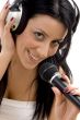 smiling woman posing with headphone and microphone