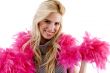 front view of happy model wearing fur stole