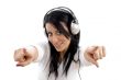 front view of pointing female wearing headphone