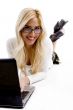 smiling female woman busy with laptop