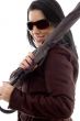 female holding umbrella on white background