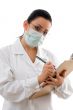 doctor with writing pad and mask on white backgrou