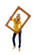 front view of smiling model posing with frame