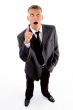 shocked standing businessman pointing upside