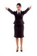 young businesswoman pointing with both hands