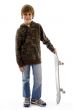 front view of boy holding skateboard