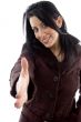 female offering handshake on white background