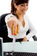 smiling woman showing measurement tape
