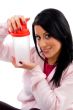 smiling female holding water bottle on white backg