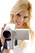 high angle view of happy woman with handy cam