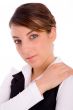 close view of businesswoman looking at camera