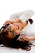 top view of smiling female enjoying music