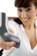 happy female holding phone receiver accountant