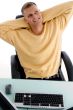 man laughing while resting