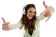 female listening to music and showing hand gesture