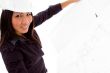 young female engineer searching opened blue prints