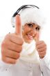  woman listening to music and showing thumbs up