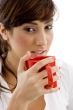 front view of female accountant drinking coffee