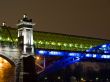 Highlighted bridge construction at night.