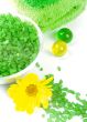 bath salt, oil balls and green towels