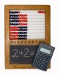 Children`s school board, abacus and calculator