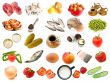 set from different food and drinks items