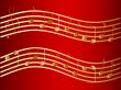 Vector waved golden music notes at the red background
