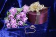 Gift.Present.Violet tulips,purple box,gold heart.