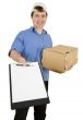 Man with tablet and cardboard box