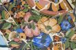 Detail of the ceramics from the Guadi bench in park Guell Barcelona, Spain