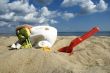 childhood. beach items and sun block