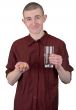 Young man with glass of water and tablets