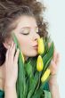 girl beautiful kiss tulips yellow flowers