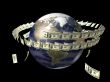 Earth with flying dollars around it