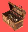  Wooden opening ancient chest with coins