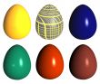 six easter eggs different colors and pattern isolated over white