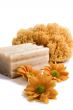 natural sponge, soap and flowers