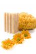 natural sponge, soap and flowers