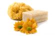 natural sponge, soap and flowers