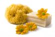 natural sponge, soap and flowers