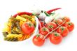 multicolored pasta, pepper, tomato bunch and garlic