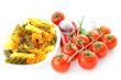 multicolored pasta, pepper, tomato bunch and garlic