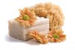 natural sponge, soap and flowers