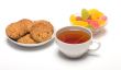 Tea, cookies and fruit candy.