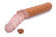 Cutting smoked sausage on white