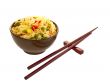 Chinese food and chopsticks. Rice with vegetables. Isolated on w