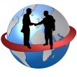 business people in front of a world map