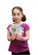 Smiling little girl holds banknotes isolated